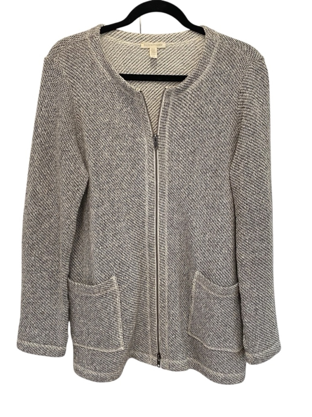 Eileen Fisher classic full zip cardigan sweater with pockets. organic cotton